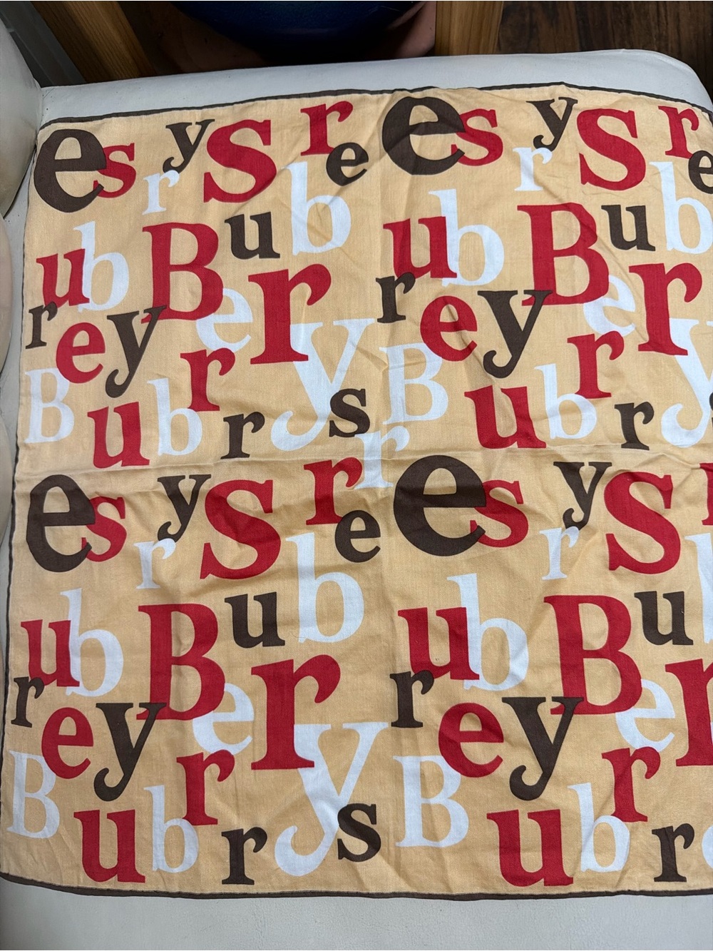 Burberry Beige Scarf with Red, Brown & White Letter Print
